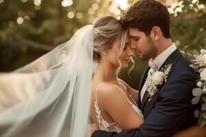 ai generado un romántico fotografía capturar un recién casado Pareja en un oferta abrazo foto