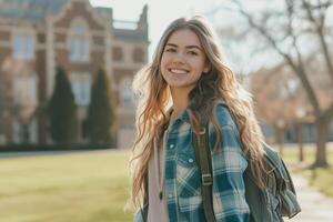 AI generated college girl in a casual yet stylish outfit with a backpack slung over one shoulder photo