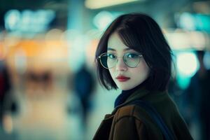 ai generado un dama con de moda Beto peinado y lentes caminando mediante el aeropuerto foto