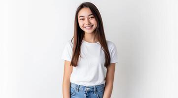 AI generated asian lady smiling lively carefree lifestyle wearing white t-shirt and blue jeans photo