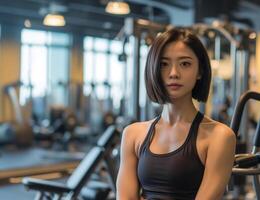 AI generated a lady working out in a gym with focused determination photo