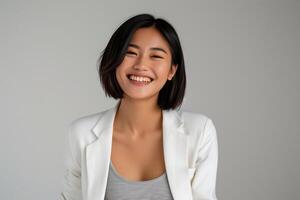 AI generated a confident young lady wearing white blazer smiling lively in isolated plain studio background photo