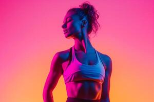 AI generated a fitness blogger standing in isolated minimalist color background dynamic fluorescent lighting photo