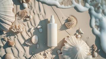 AI generated blank white bottle cosmetic skincare makeup containers for product presentation on white sand beach photo