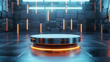 AI generated cyberpunk futuristic podium on a futuristic background photo