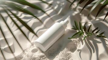 AI generated blank white bottle cosmetic skincare makeup containers for product presentation on white sand beach photo