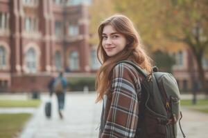 AI generated college girl in a casual yet stylish outfit with a backpack slung over one shoulder photo