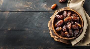 AI generated dates in the plate on top wooden table and black background photo