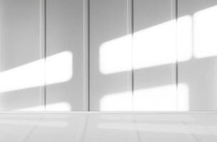 Empty White Studio Background with Table Top,Concrete Wall Texture with Light, Shadow on Kitchen Room,Backdrop background Spring or Summer Cosmetic Product Display,Mockup Beauty Presentation. photo