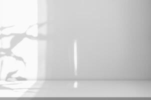 blanco pared estudio fondo.vacío gris habitación antecedentes con luz, hojas sombra en mesa parte superior superficie textura, telón de fondo Bosquejo monitor podio diseño para mostrando producto presente de cosmético bandera foto