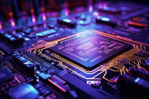 AI generated close up of a microchip circuit board of a computer with neon lights photo