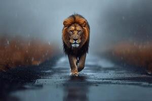 AI generated portrait of a lion walking straight, front view photo