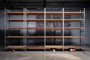 AI generated empty shelving in an industrial warehouse photo