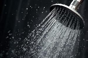 AI generated Water pours from the shower, close-up of splashes photo