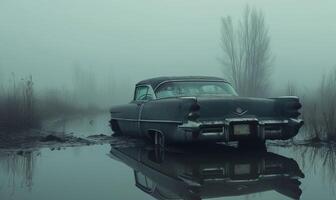 AI generated abandoned old grey car partially submerged in water, surrounded by fog photo