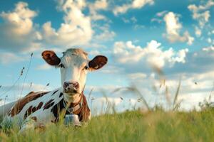 AI generated cow lies on the grass against the cloudy sky photo
