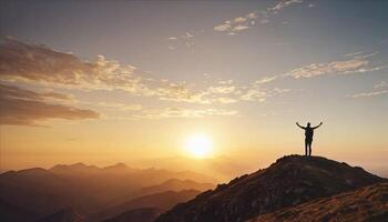 AI generated Silhouette of a man standing on top of a mountain with his hands up at sunset photo