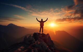 AI generated Silhouette of a man standing on top of a mountain with his hands up at sunset photo
