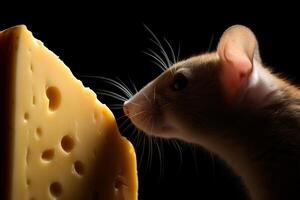 ai generado cerca arriba en pequeño ratón y queso foto