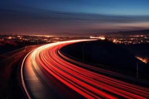 ai generado autopista fuera de el ciudad en el noche con borroso pistas desde faros foto