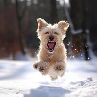 ai generado un perro con un grande abierto boca carreras felizmente saltando en el nieve foto