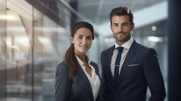 ai generado hombre y mujer socios negocio equipo en oficina antecedentes foto