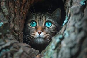 ai generado de cerca de un de gato verde ojos echar un vistazo fuera de un grieta foto