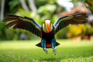 AI generated a flying colorful toucan lands on the lawn photo