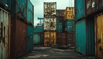 AI generated Cargo multicolored old containers with corrosion in cloudy weather photo