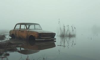 ai generado abandonado antiguo gris coche parcialmente sumergido en agua, rodeado por niebla foto