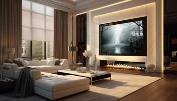 AI generated Elegant living room with big tv screen photo