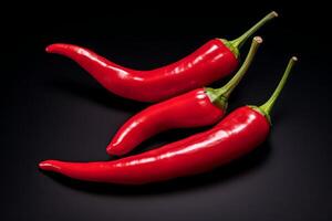 AI generated red chili peppers closeup isolated on black background photo