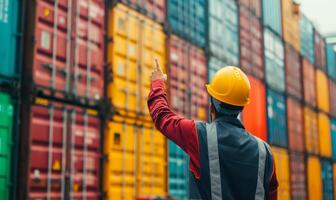 AI generated worker in a hard hat stands in the port against the background of multi-colored cargo containers photo