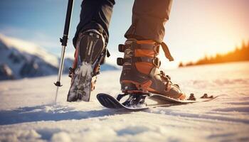 AI generated Close-up of winter shoes for skiing and climbing photo
