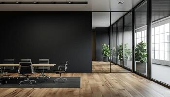 AI generated modern interior design office hall with conference table, wooden floor and dark wall background photo