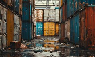 AI generated Cargo multicolored old containers with corrosion in cloudy weather photo