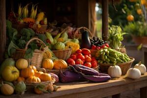 AI generated Fall harvest market with vegetables and fruits photo