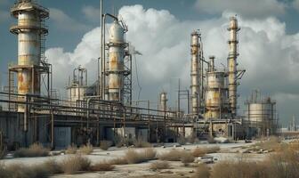 AI generated industrial landscape with heavy pollution produced by a large chemical plant photo