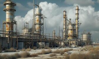 AI generated industrial landscape with heavy pollution produced by a large chemical plant photo