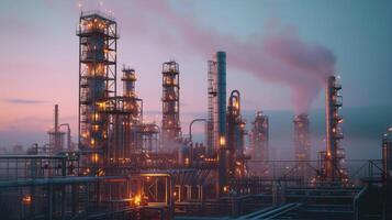 AI generated industrial landscape with heavy pollution produced by a large chemical plant in the dusk photo