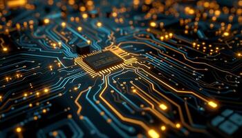 AI generated close up of a microchip circuit board of a computer with neon lights photo