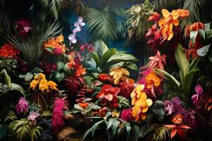 ai generado vistoso tropical jardín lleno de brillante exótico de colores plantas foto