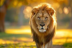 ai generado retrato de un león caminando derecho, frente ver foto