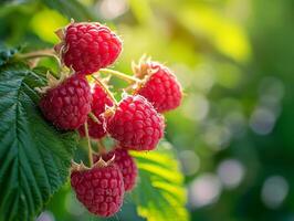 AI generated Red sweet berries growing on raspberry bush in sunny fruit garden photo