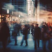 AI generated crowd of anonymous blurred pedestrians walking along the city photo