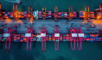 AI generated Loading and unloading container ships at a port, aerial view photo