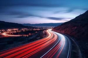 AI generated highway outside the city in the evening with blurry tracks from headlights photo