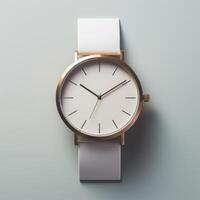 ai generado un reloj de pulsera en un minimalista estilo mentiras en un suave superficie foto