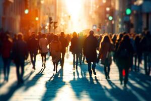 AI generated crowd of anonymous blurred pedestrians walking along the city photo