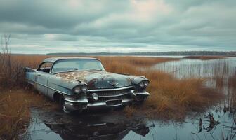 AI generated abandoned old grey car partially submerged in water, cloudy sky photo